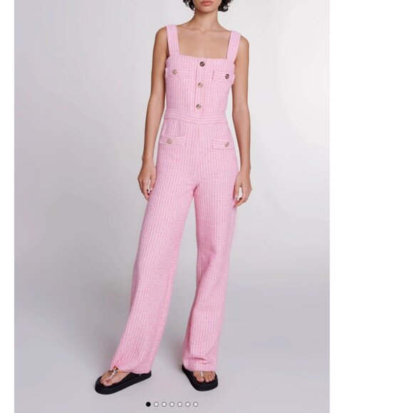 Maje NWT Paradisia Tweed Pink Gold-Tone Buttons Wide-Leg Jumpsuit FR 36 US 4 - Picture 1 of 14